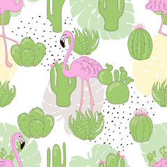 Seamless flamingo tropic pattern vector illustration.
