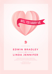 Happy Wedding postcard with love symbol paper art flying elements on white pink background. women's, birthday, mother's day, anniversary greeting card design. Eps10 vector illustration