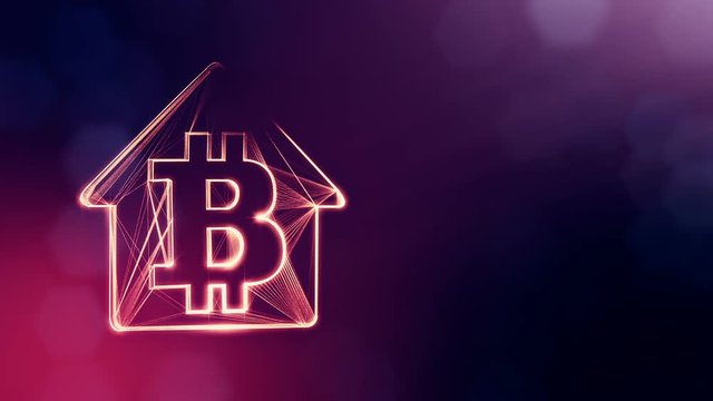 Sign of logo bitcoin inside the emblem of the house. Financial background made of glow particles as vitrtual hologram. Shiny 3D loop animation with depth of field, bokeh. Violet color v2