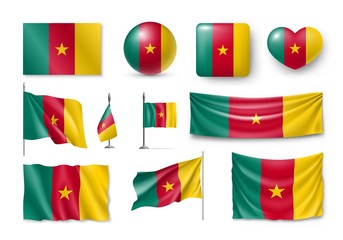 Set Cameroon flags, banners, symbols, flat icon. Vector illustration of collection of african national symbols on various objects and state signs