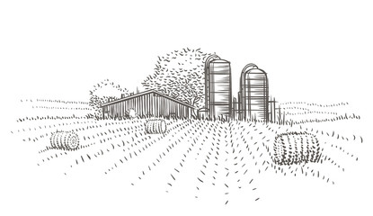 Farm landscape view vector sketch. 
