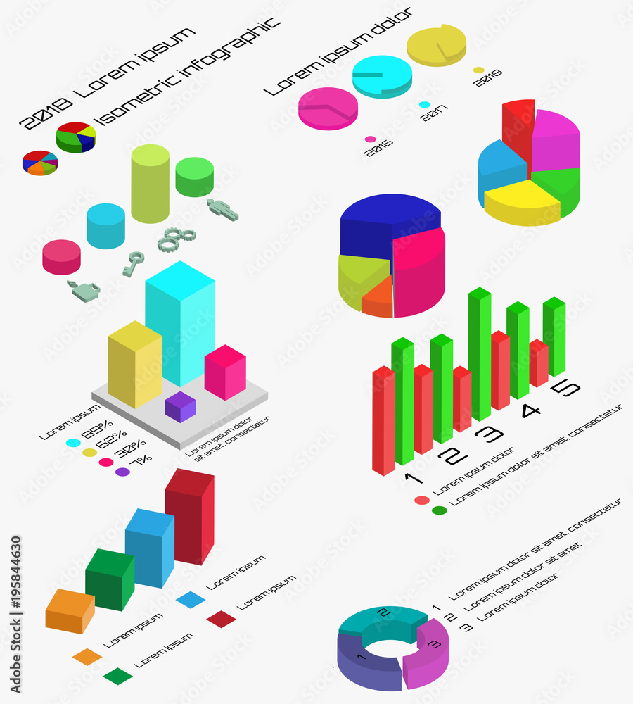 Poster Flat 3d isometric infographic. Isometric 3d business vector infographic with color diagrams and charts. Isometric colored infographic and diagram for information web illustration.