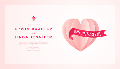 Happy Wedding postcard with love symbol paper art flying elements on white pink background. women's, birthday, mother's day, anniversary greeting card design. Eps10 vector illustration