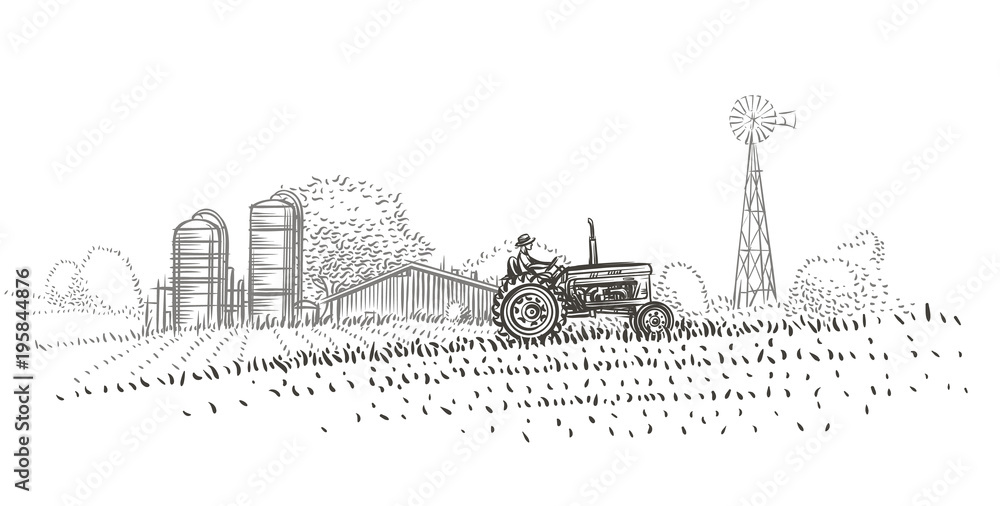 Wall mural Farmer driving a tractor in the field near the farm hand drawn illustration. Vector. 