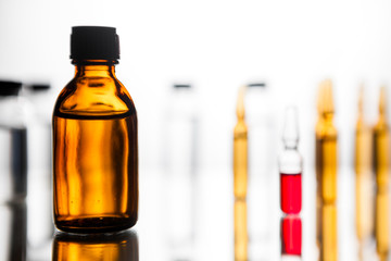 Group object of liquid medicinal agent in limpid glassware in medical laboratory