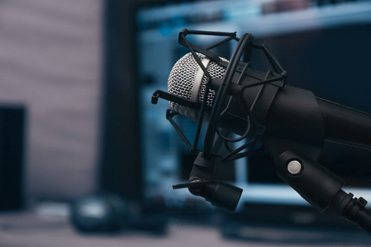 Microphone at radio station, closeup