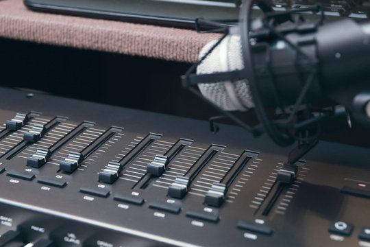 Microphone and multi-channel mixer at radio station