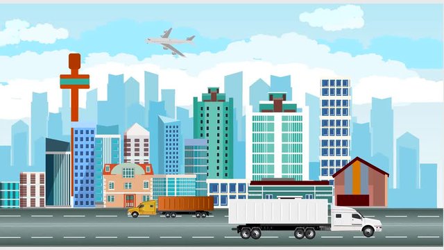 Urban modern landscape, automobils on city street animation