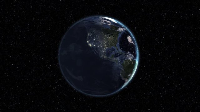 Realistic Earth, rotating in space against the background of the starry sky. Seamless loop with day and night city lights changes. High detailed 4k, 3D Render. Elements of image furnished by NASA