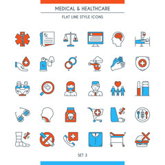 Flat line design icons on medical theme. Health insurance, medical service, healthcare, cardiology, pharmacy, medical equipment and first aid symbols. Vector illustration