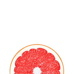 Grapefruit in flat lay Half of ripe grapefruit is lying on white background Close up minimalistic photo mockup in top view with space for text