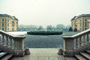 Late winter snowfall on the entrance of the Royal Villa of Monza, Italy