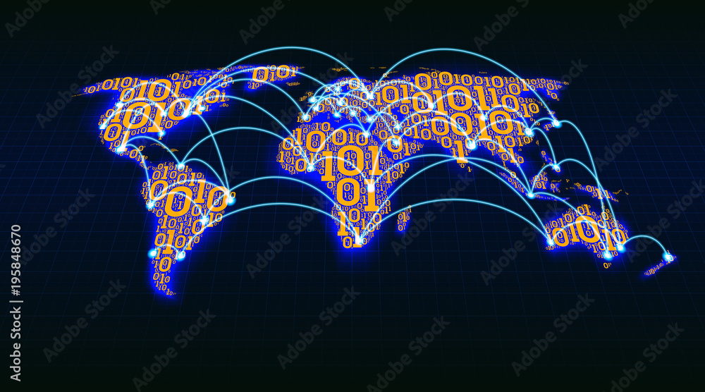 Poster Abstract world map from digital binary code on a grid background, global Internet transactions between cities and countries