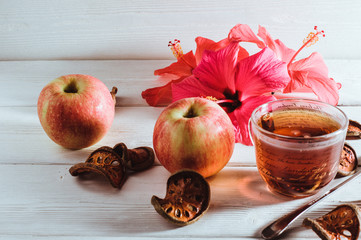 morning tea fruits and flowers on a white background