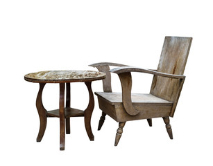 The antique table and one chair isolated on white background