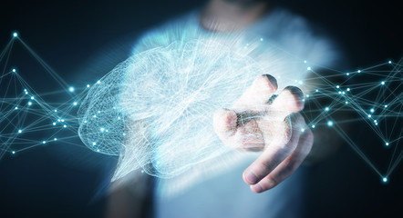 Businessman using digital x-ray human brain interface 3D rendering