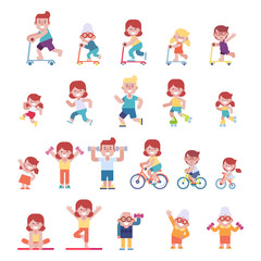 People flat fitness set with parents and children. Sport activities. Flat vector illustration