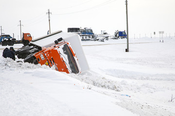 winter road, danger, ice, truck overturned, traffic accident