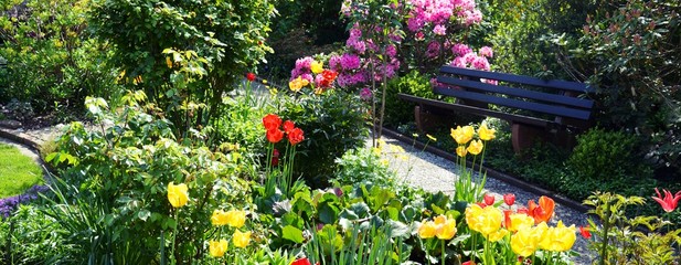 Gartenanlage mit Tulpen und einer Bank Panorama