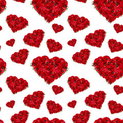 Luxury deep red flowers as hearts seamless pattern on white backdrop. Valentine day love background.