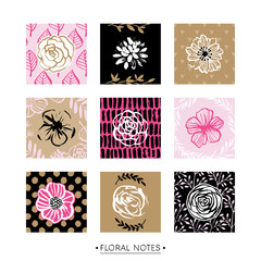 Feminine pink floral card with flowers and nature pattern. Modern hand drawn design elements. Vector illustration.