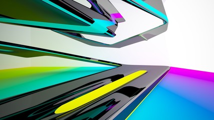 Abstract dynamic interior with black and colored gradient smooth objects. 3D illustration and rendering