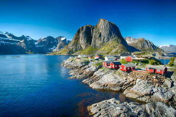 The village of Reine under a sunny, blue sky, with the typical red rorbu houses. - obrazy, fototapety, plakaty