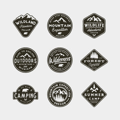 set of vintage wilderness logos. hand drawn retro styled outdoor adventure emblems. vector illustration