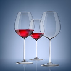 Transparency wine glass. Empty and full. 3d realism, vector icon. 