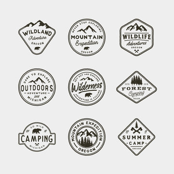set of vintage wilderness logos. hand drawn retro styled outdoor adventure emblems. vector illustration
