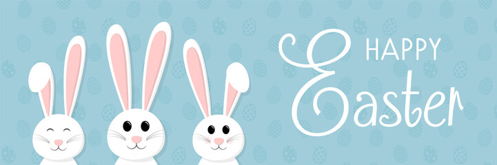 Happy Easter - panoramic header with bunnies on background with eggs. Vector.