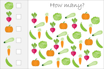Obraz premium How many counting game with vegetables for kids, educational maths task for the development of logical thinking, preschool worksheet activity, count and write the result, vector illustration