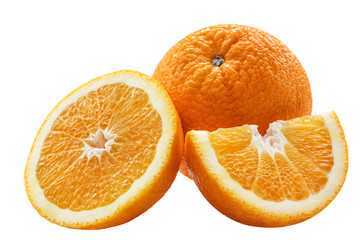 Orange fruit. Orang whole and parts slice isolate on white. With clipping path.