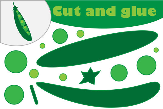 Peas in cartoon style, education game for the development of preschool children, use scissors and glue to create the applique, cut parts of the image and glue on the paper, vector illustration