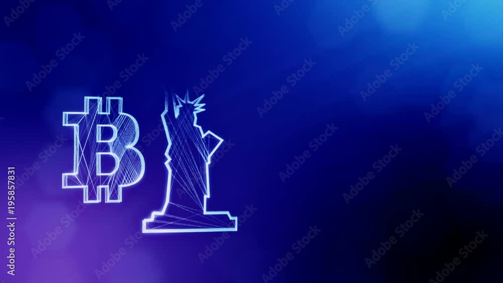 Aufkleber bitcoin logo and a statue of freedom. financial background made of glow particles as vitrtual hologr