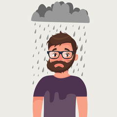Unlucky man with bad mood under rain. Vector illustration in cartoon style