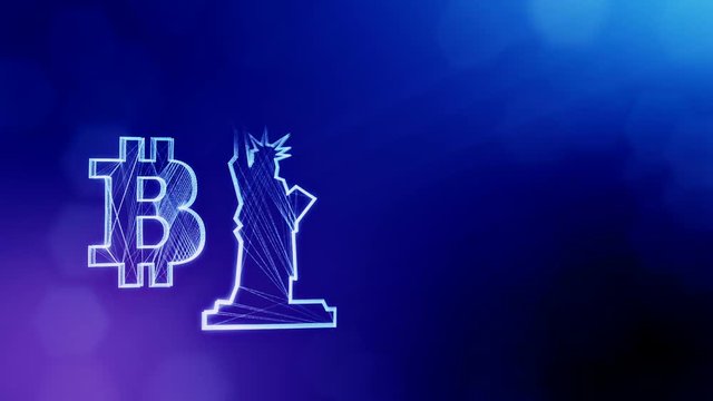 Bitcoin logo and a statue of freedom. Financial background made of glow particles as vitrtual hologram. Shiny 3D loop animation with depth of field, bokeh and copy space. Blue color v2