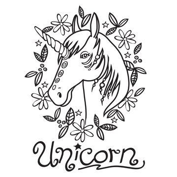 cartoon doodle unicorn portrait with frame of flowers and leaves
