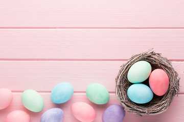 Pastel Easter eggs background. Spring greating card.