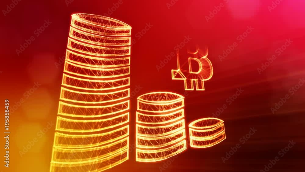 Aufkleber sign of bitcoin and stacks of coins. financial background made of glow particles as vitrtual hologra