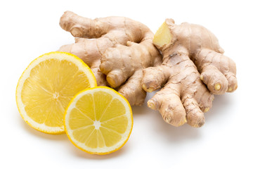 Ginger bio and lemon on white background.