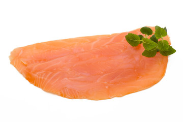 Fresh salmon slice and spice on the white background.