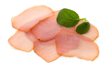 Sliced boiled ham sausage isolated on white background, top view.