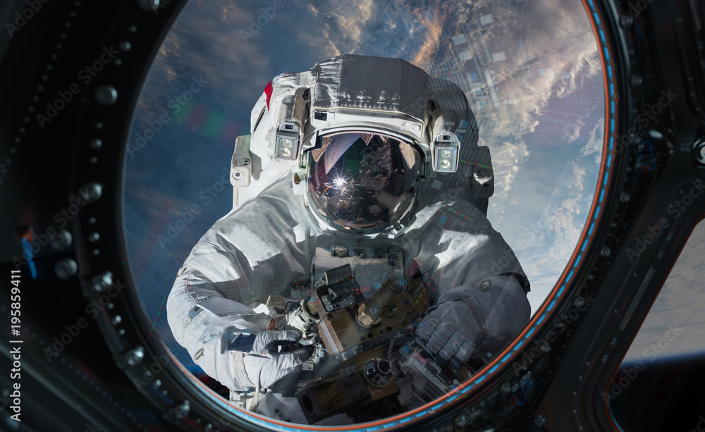 Poster astronaut working on a space station 3d rendering elements of this image furnished by nasa