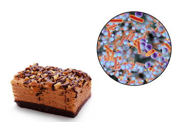 Food borne infections, medical concept, 3D illustration showing cake as a common source of food infections and close-up view of bacteria contaminating food