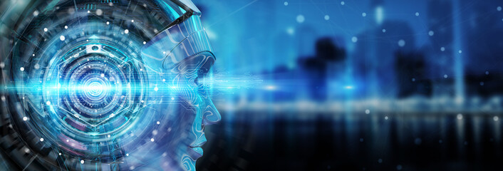 Cyborg head using artificial intelligence to create digital interface 3D rendering - obrazy, fototapety, plakaty