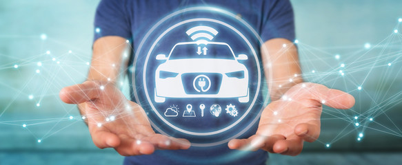 Businessman using modern smart car interface 3D rendering