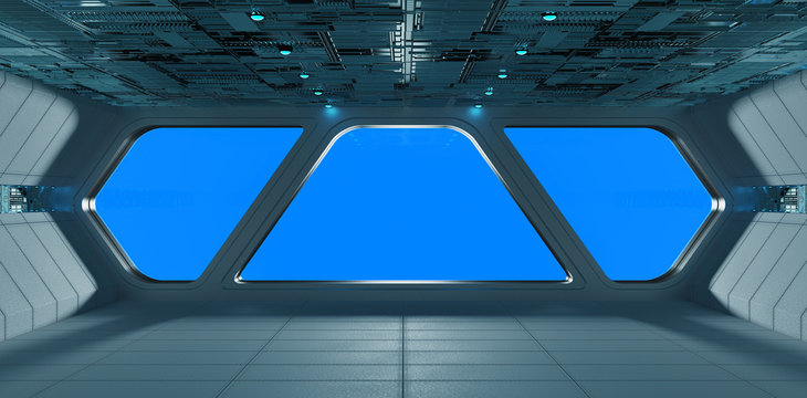 Spaceship futuristic grey blue interior window view