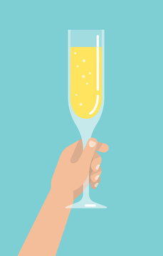 Men's hand holds a glass with a champagne. Isolated vector illustration flat design.