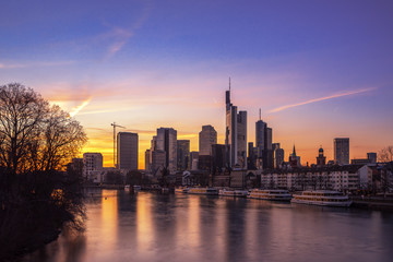 The skyline of the banking metropolis in Frankfurt am Main during a beautiful sunset. Frankfurt, Germany / 5 March 2018